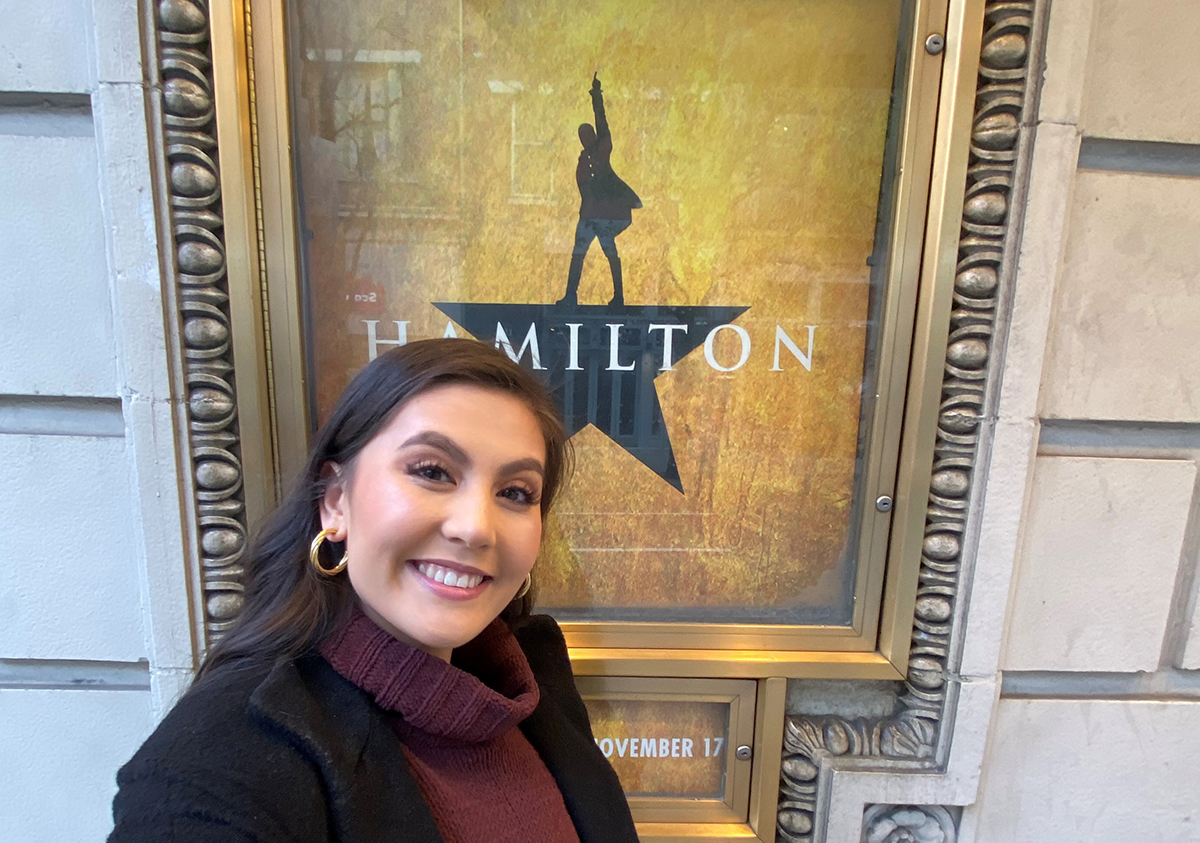 Zoe Jensen snaps a selfie outside the the Forrest Theatre in Philadelphia, the first stop of her ‘Hamilton’ production.