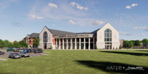 The image depicts a spacious green landscape in front of a grand two-story building labeled "TEDRICK WELCOME CENTER." The architectural design of the center showcases large white pillars, arched windows, and red brick accents.