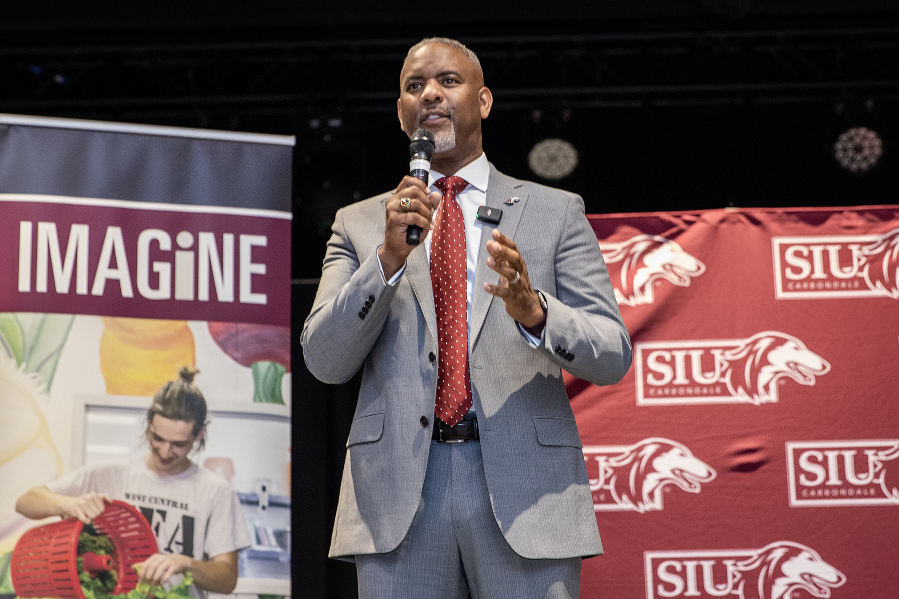 SIU Chancellor Austin Lane addresses the crowd during the final Saluki Takeover Tour of Southern Illinois at Walker's Bluff on May 4, 2024.