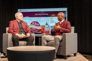 Matt Kupec and Chancellor Austin Lane discuss the SIU Day of Giving. 