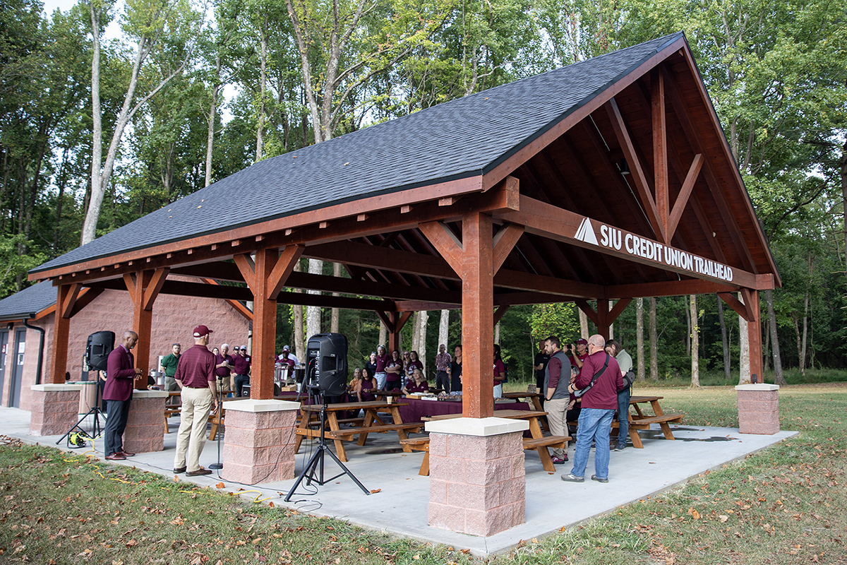 A crowd gathered at the SIU Credit Union Trailhead at Touch of Nature Outdoor Education Center.