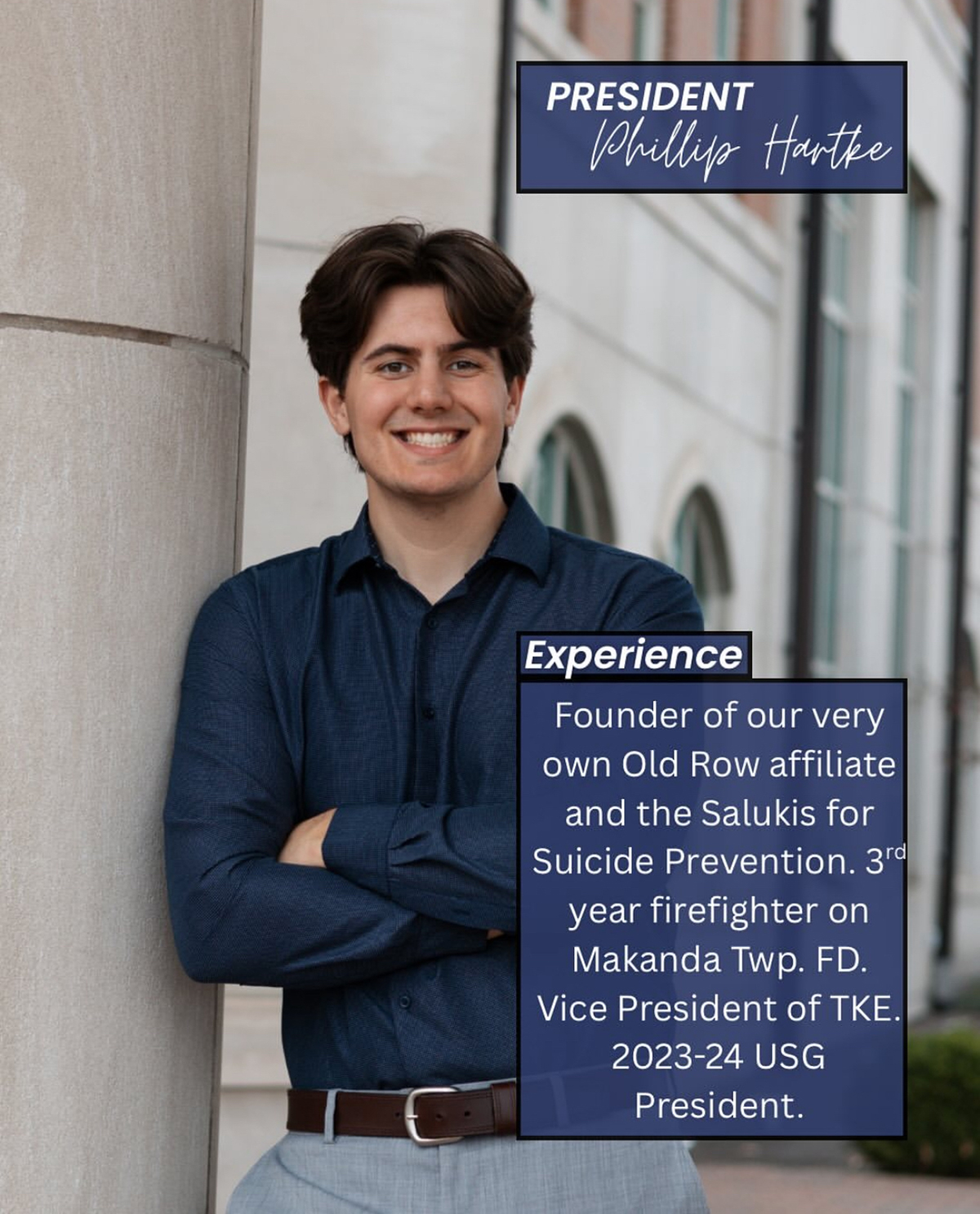 Phillip Hartke poses for a portrait with arms crossed beside a campus building. On-screen text identifies him as 2023-2024 Undergraduate Student Government president and highlights his leadership and service roles.