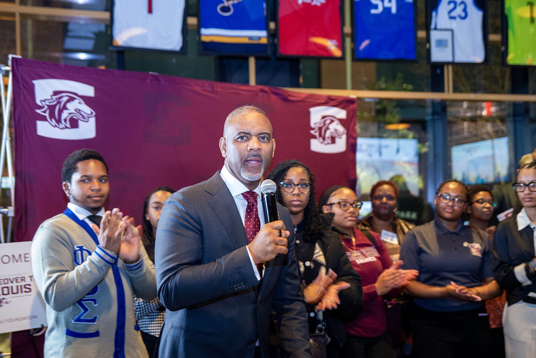 SIU Chancellor Austin Lane addresses the crowd at the Saluki Takeover Tour St. Louis Chancellor's Reception.