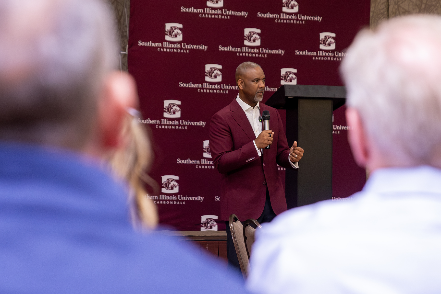 SIU Chancellor Austin A. Lane speaks to the crowd at the Chancellor's Reception in Mt. Vernon.