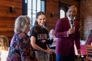 Chancellor Lane introduces incoming freshman Marlee Rosenbery.