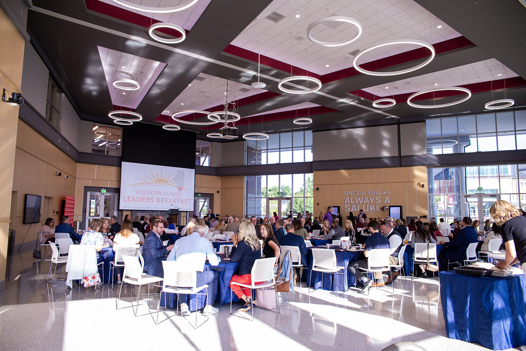 Attendees from across Southern Illinois gather for the Southern Illinois Leaders Breakfast at the Tedrick Welcome Center on the campus of Southern Illinois University Carbondale. More than 150 business and community leaders representing 85 organizations and all 17 counties participated in the regional networking and leadership event hosted by the SIU Foundation and Southern Illinois Now.